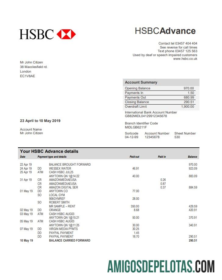 Modelo de extrato bancário HSBC do Reino Unido para download em formato Word e PDF